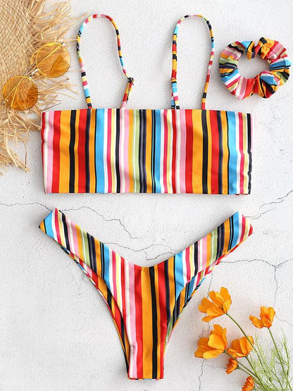 Multicolor Stripes Bandeau Bikinis Swimwear