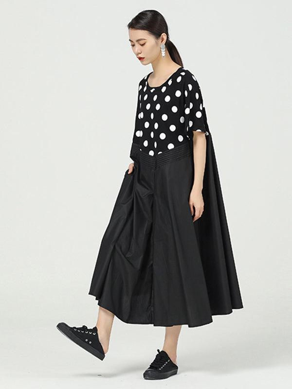 Original Split-Joint Polka-Dot Contrast Color Round-Neck Short Sleeves Midi Dress