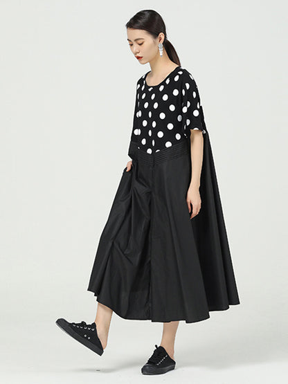 Original Split-Joint Polka-Dot Contrast Color Round-Neck Short Sleeves Midi Dress