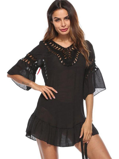 Plain Hollow Short Sleeves Cover-Ups Swimwear
