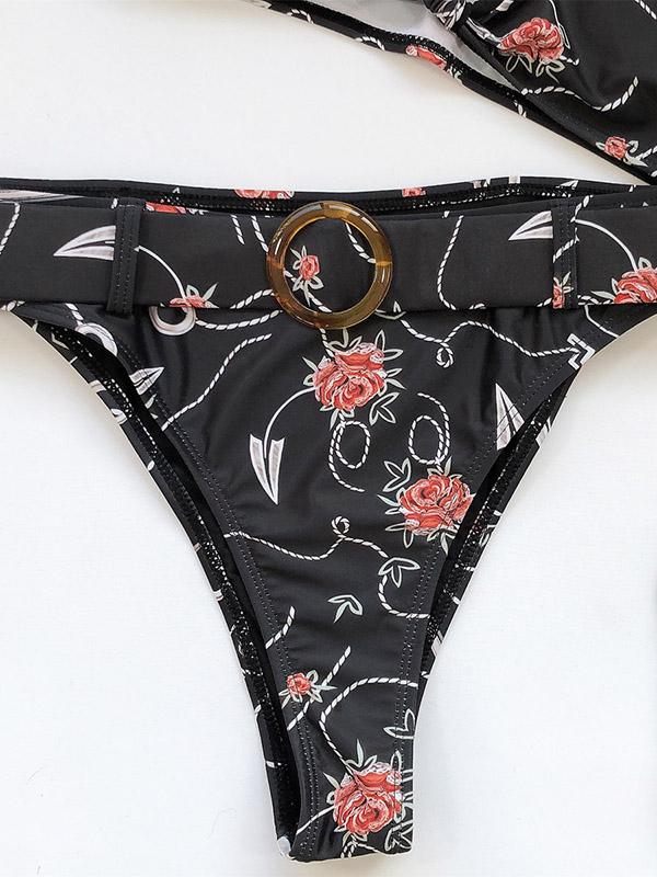 Sexy Knotted Short Sleeves Printing Sash Split Type Bikini Swimsuit