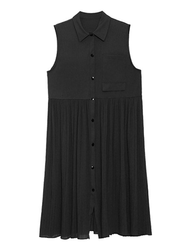 Fashion Split-Joint Pleated Sleeveless Lapel H-Line Midi Dress