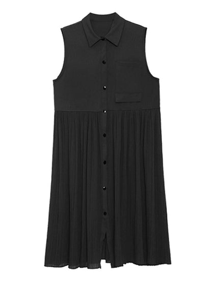 Fashion Split-Joint Pleated Sleeveless Lapel H-Line Midi Dress