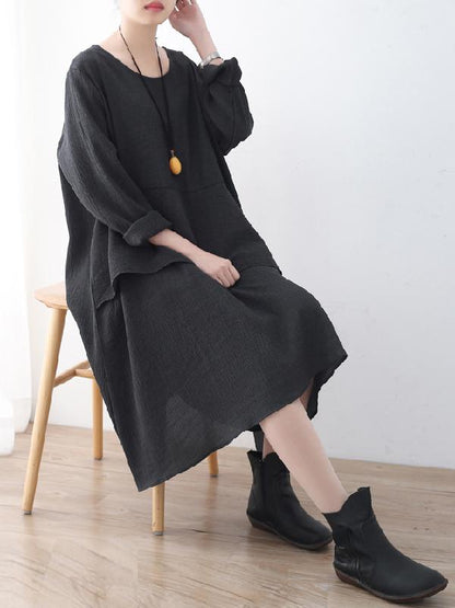 Black Split-joint Round-neck Linen Dress