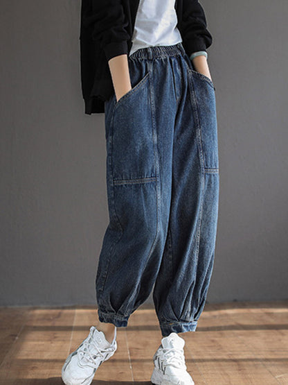 Casual Elastic Waist Wide Leg With Large Pocket Jean Pants