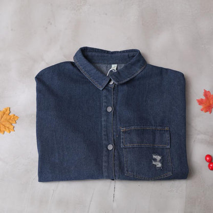 Buykud High Low Hem Frayed Pure Color Loose Denim Coat