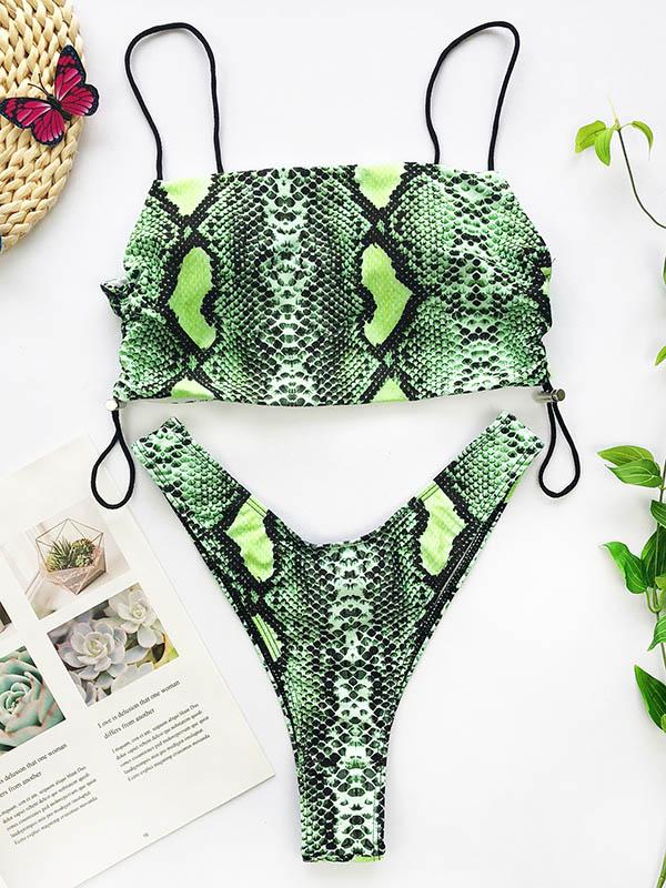 Snake-Print Bandage Split Bikini Swimsuit