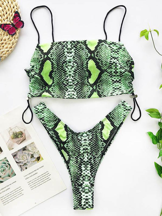 Snake-Print Bandage Split Bikini Swimsuit