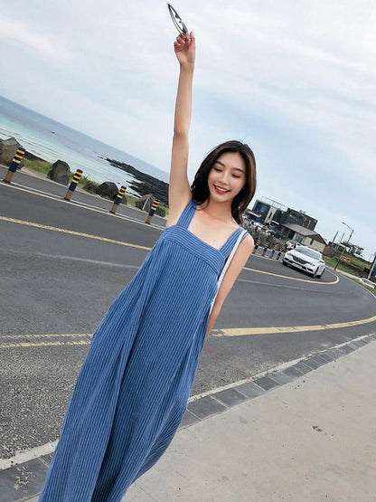Blue Striped Sleeveless Wide Leg Jumpsuits