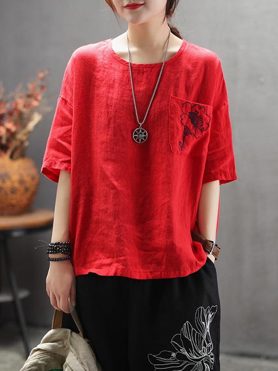 Vintage Embroidered Round-neck Solid T-shirt