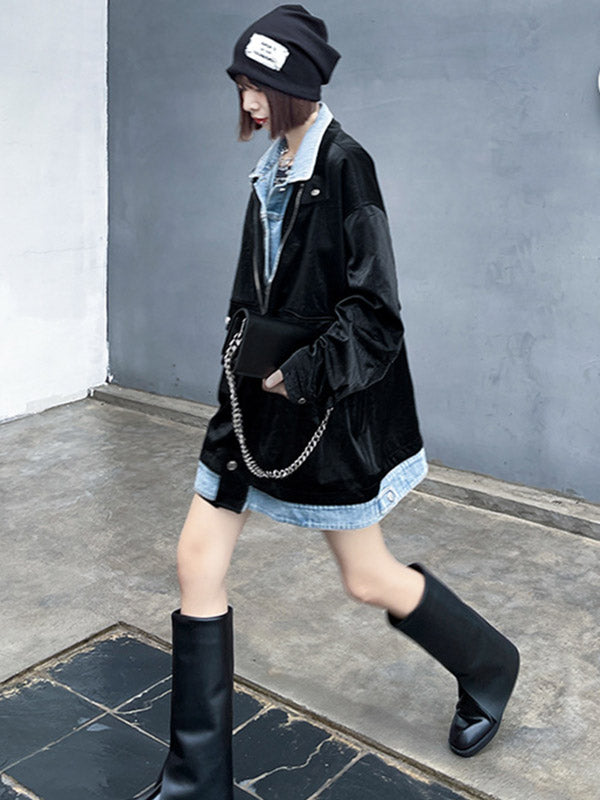 Original Stylish Cool Denim Split-Joint With Pocket Buttoned Lapel Collar Long Sleeves False Two Outwear