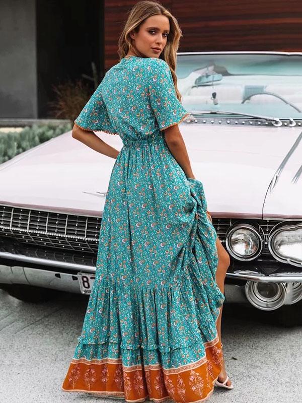 Printed V-neck Maxi Dresses