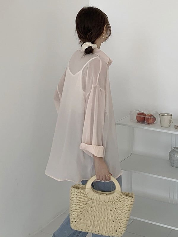 Simple Buttoned Lapel Sun Protection Long Sleeves Blouse Tops