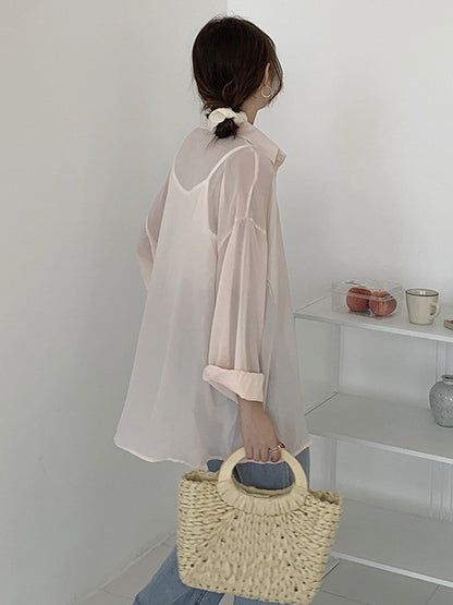 Simple Buttoned Lapel Sun Protection Long Sleeves Blouse Tops