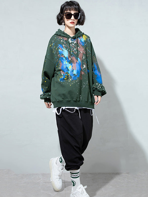 Fashion Printed Split-Joint Drawstring Hoodies Top