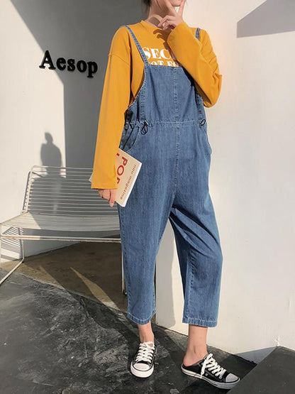 Maternity Elastic Waistband Spaghetti-neck Denim Jumpsuits