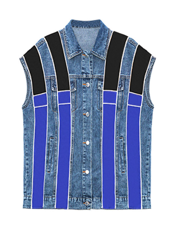 Stylish Split-Joint Striped Lapel Collar Sleeveless Denim Vest Outwear