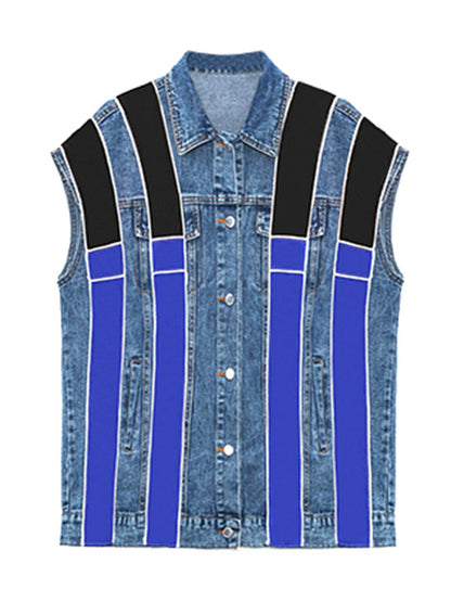 Stylish Split-Joint Striped Lapel Collar Sleeveless Denim Vest Outwear
