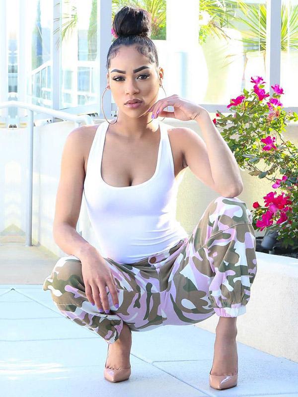 Plus Size Pink Camouflage Printed Track Pants
