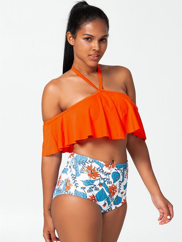 Sexy Bare Shoulders Flounces Split Bikini Swimsuit