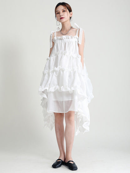 Stylish Cropped Pleated Split-Joint Bandage Spaghetti-Neck Midi Dress