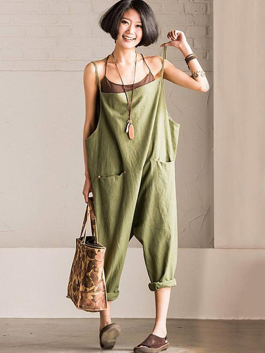 2 Colors Vintage Loose Linen Jumpsuits