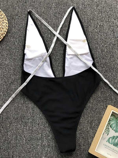 Plain Lace Up Backless One Piece Swimsuit