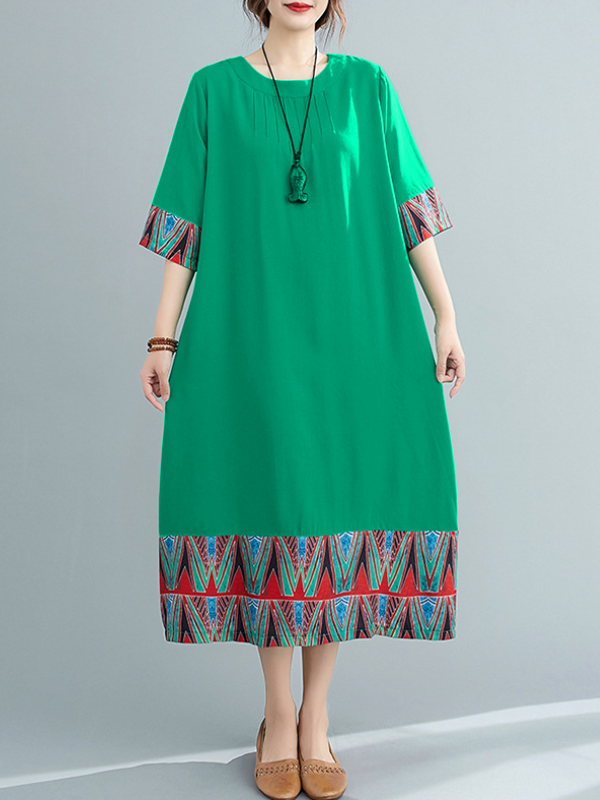 Vintage Loose Split-Joint Printed Half Sleeves Midi Dress