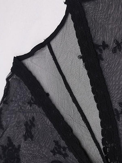 Lace See-Through Embroidered Bat Sleeve Tunicshang Cover-Ups Tops