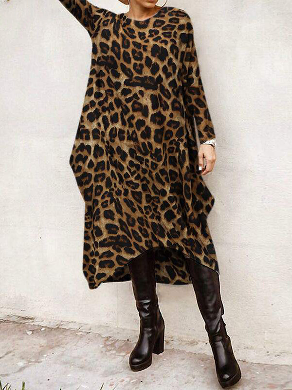 Loose Leopard Long-Sleeves High-Low Long Dress