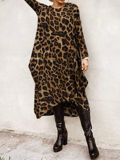 Loose Leopard Long-Sleeves High-Low Long Dress