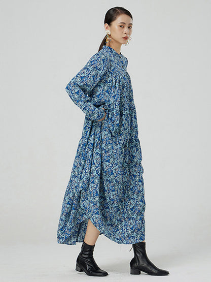 Original Buttoned Floral Printed Stand Collar Long Sleeves Loose Midi Dress