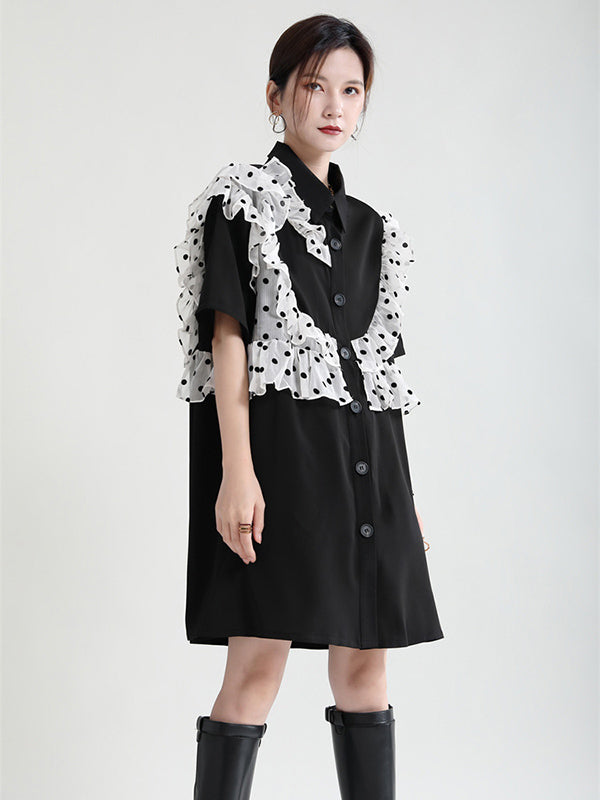 Stylish Irregular Split-Joint Polka-Dot Mesh Falbala Buttoned Lapel Collar Half Sleeves Mini Dress