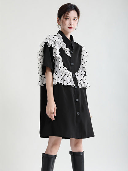 Stylish Irregular Split-Joint Polka-Dot Mesh Falbala Buttoned Lapel Collar Half Sleeves Mini Dress
