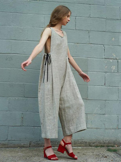 Lace-up Round-neck Sleeveless Wide Leg Jumpsuits
