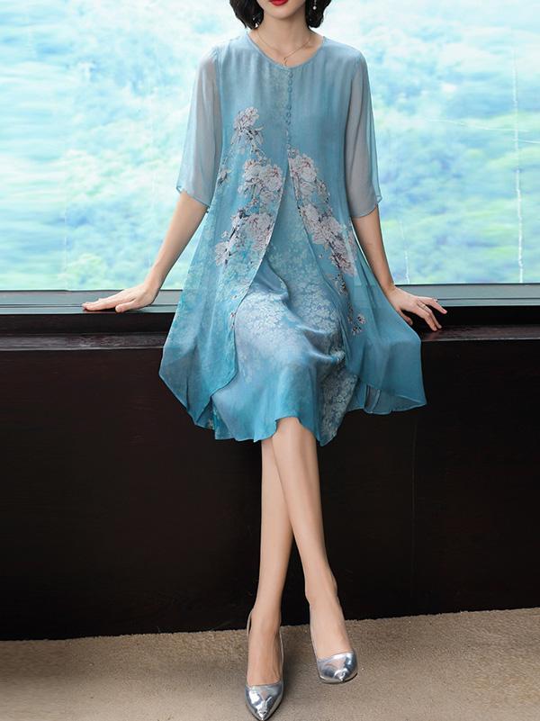 Silk Printed Round-neck Short Dress