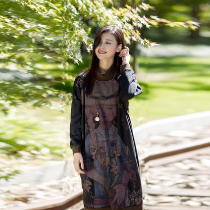 Cartoon Print Long Sleeve Midi Loose Dress