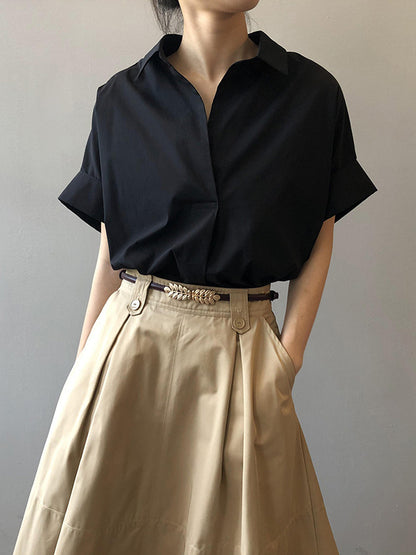 Simple Urban Solid Color Pleated Lapel Collar Short Sleeves Blouse