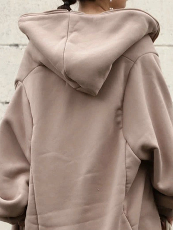Urban Hooded Solid Color Zipper Batwing Sleeve Long Outerwear