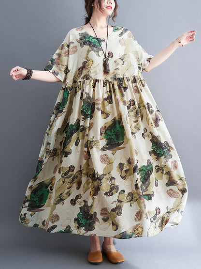 Original Artistic Retro Loose Pleated Floral Printed Midi Dress