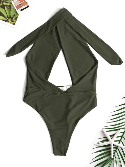 Plain Bandage Backless One-piece Swimwear