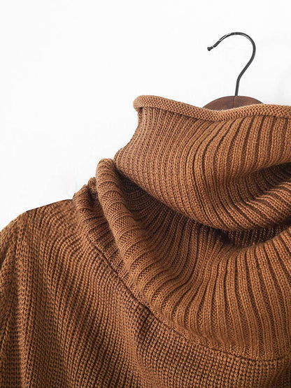 Casual Solid Color High-Neck Long Sleeves Knitted Sweater Midi Dress