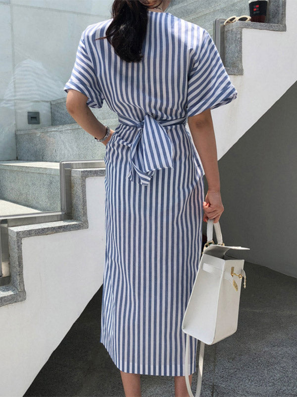 Stylish Striped Round-Neck Raglan Sleeve Midi Dress