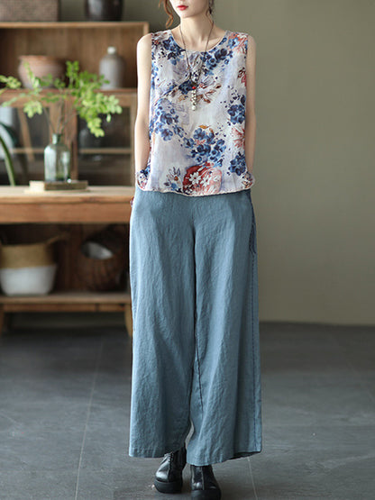 Original Floral Sleeveless Round-Neck Vest Tops