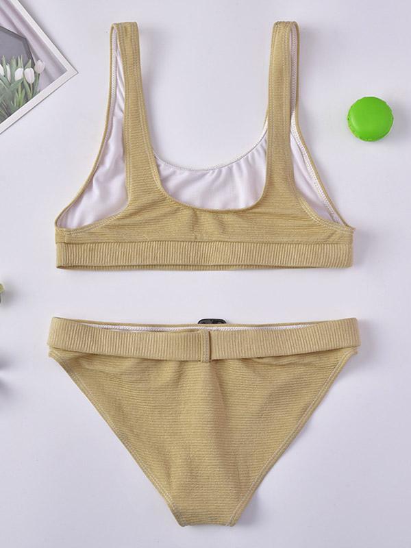 Solid Color Belted Split Bikini Swimsuit
