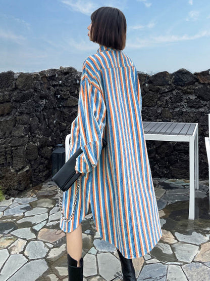 Original Stylish Striped Contrast Color Tied Buttoned Split-Side Lapel Collar Long Sleeves Midi Shirt Dress