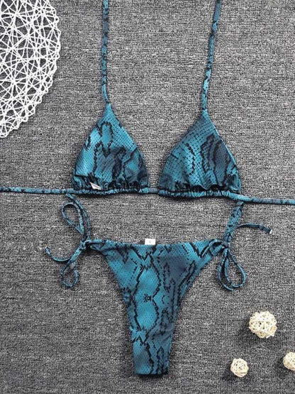 Snake-Print Triangle Bandage Split Bikini Swimsuit