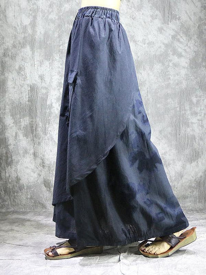Loose Ramie Cotton Split-joint Printed Skirt Bottom