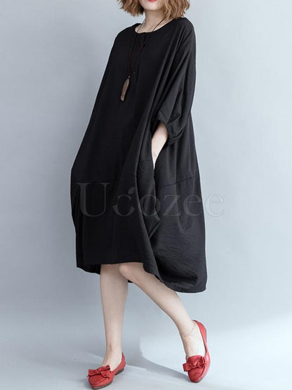 Loose Solid Retro Hemline Midi Dress