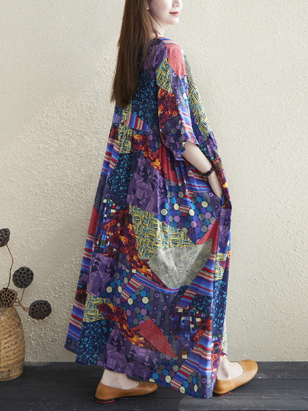 Loose Floral Printed Pleated Round-Neck Half Sleeves Midi Dress